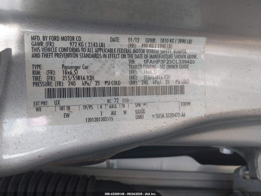 2012 Ford Focus Se VIN: 1FAHP3F23CL339420 Lot: 43300149