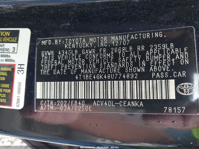 2008 Toyota Camry Le VIN: 4T1BE46K48U774892 Lot: 43300153