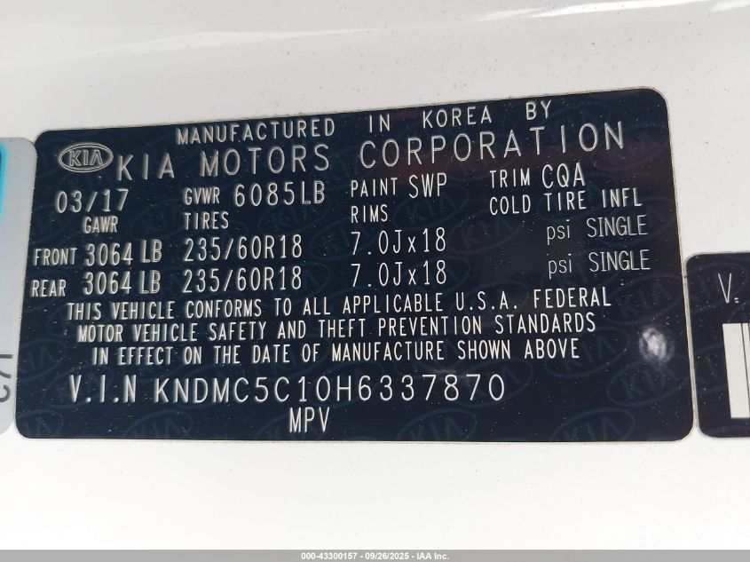 2017 Kia Sedona Sx VIN: KNDMC5C10H6337870 Lot: 43300157