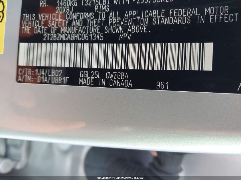 2017 Lexus Rx 350 VIN: 2T2BZMCA8HC061345 Lot: 43300161