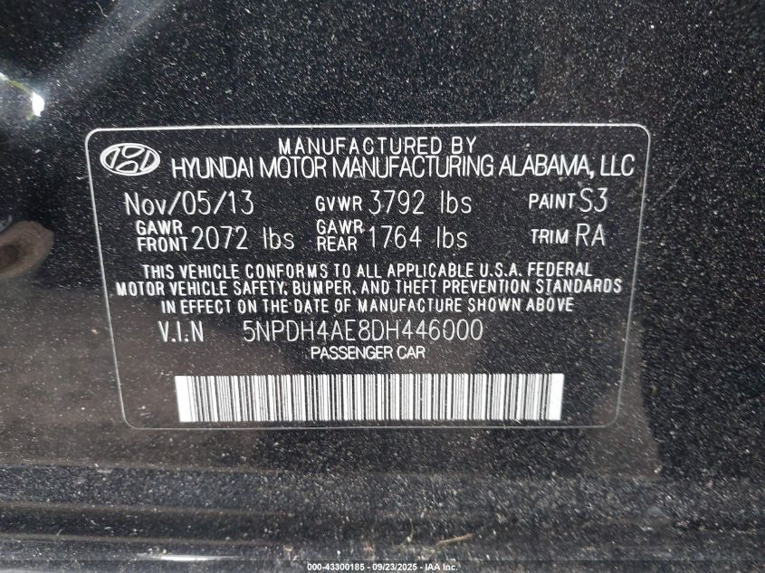 2013 Hyundai Elantra Gls VIN: 5NPDH4AE8DH446000 Lot: 43300185