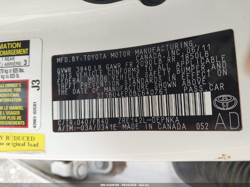 2011 Toyota Corolla Le VIN: 2T1BU4EE0BC640761 Lot: 43300186