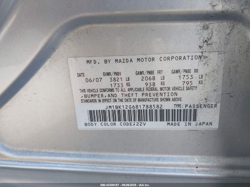 2008 Mazda Mazda3 I Sport VIN: JM1BK12G681788582 Lot: 43300187