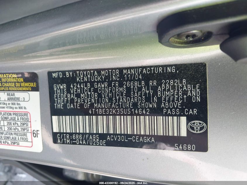 2005 Toyota Camry Xle VIN: 4T1BE32K35U514642 Lot: 43300192