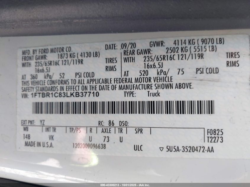 2020 Ford Transit-250 VIN: 1FTBR1C83LKB37710 Lot: 43300213
