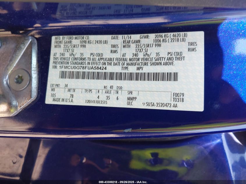 2015 Ford Escape Se VIN: 1FMCU0G78FUA58424 Lot: 43300218