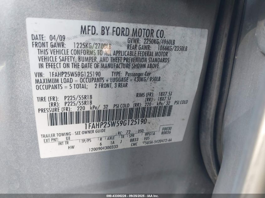 2009 Ford Taurus Limited VIN: 1FAHP25W59G125190 Lot: 43300226