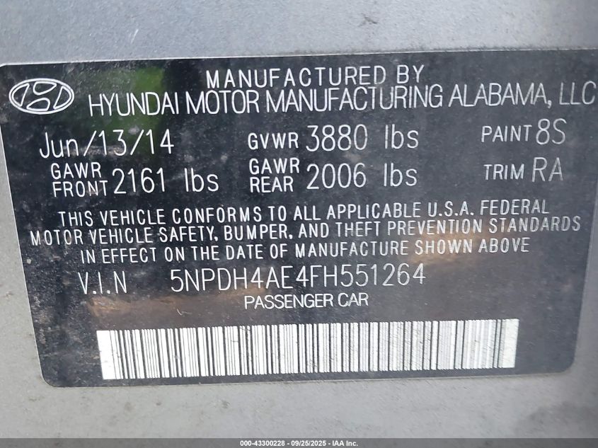 2015 Hyundai Elantra Limited VIN: 5NPDH4AE4FH551264 Lot: 43300228