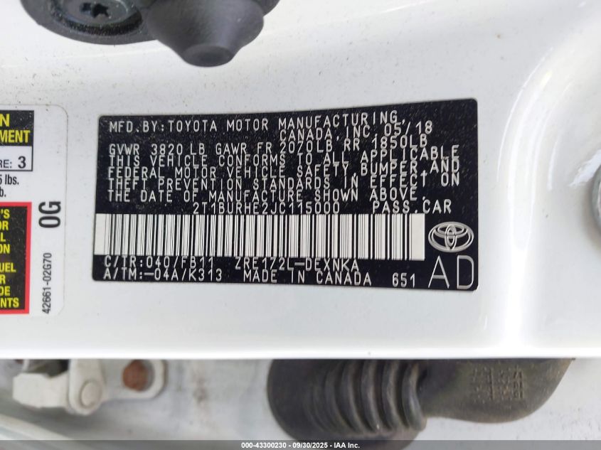 2018 Toyota Corolla Le VIN: 2T1BURHE2JC115000 Lot: 43300230