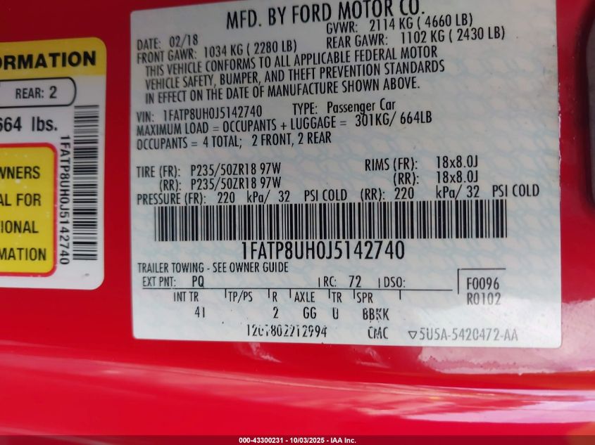 2018 Ford Mustang Ecoboost Premium VIN: 1FATP8UH0J5142740 Lot: 43300231