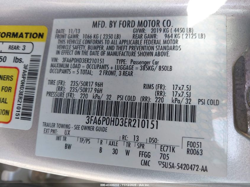 2014 Ford Fusion Se VIN: 3FA6P0HD3ER210151 Lot: 43300232