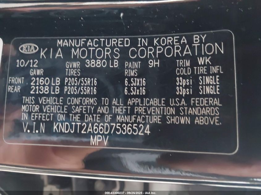 2013 Kia Soul + VIN: KNDJT2A66D7536524 Lot: 43300237