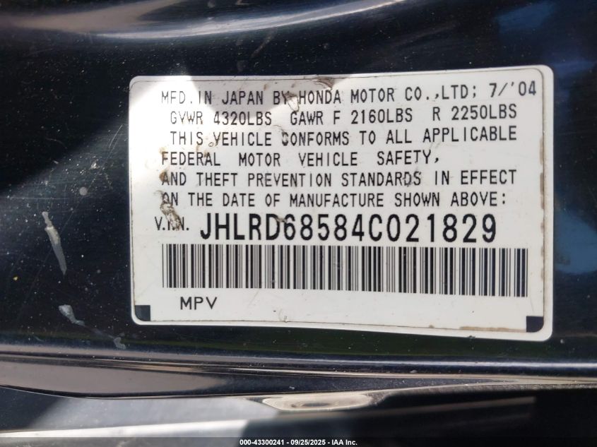 2004 Honda Cr-V Lx VIN: JHLRD68584C021829 Lot: 43300241