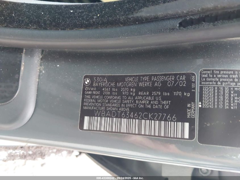 2002 BMW 530Ia VIN: WBADT63462CK27766 Lot: 43300242