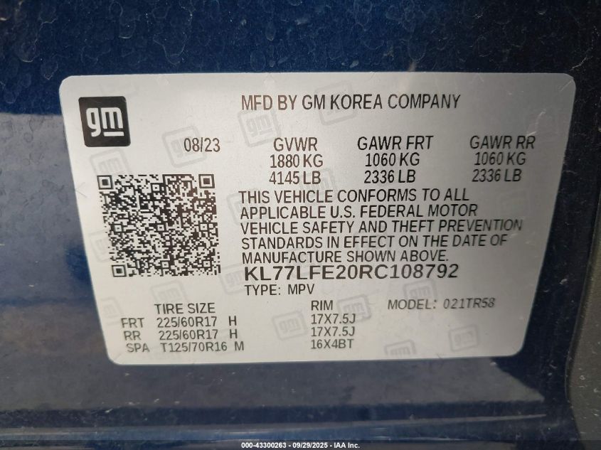 2024 Chevrolet Trax Fwd Sp VIN: KL77LFE20RC108792 Lot: 43300263