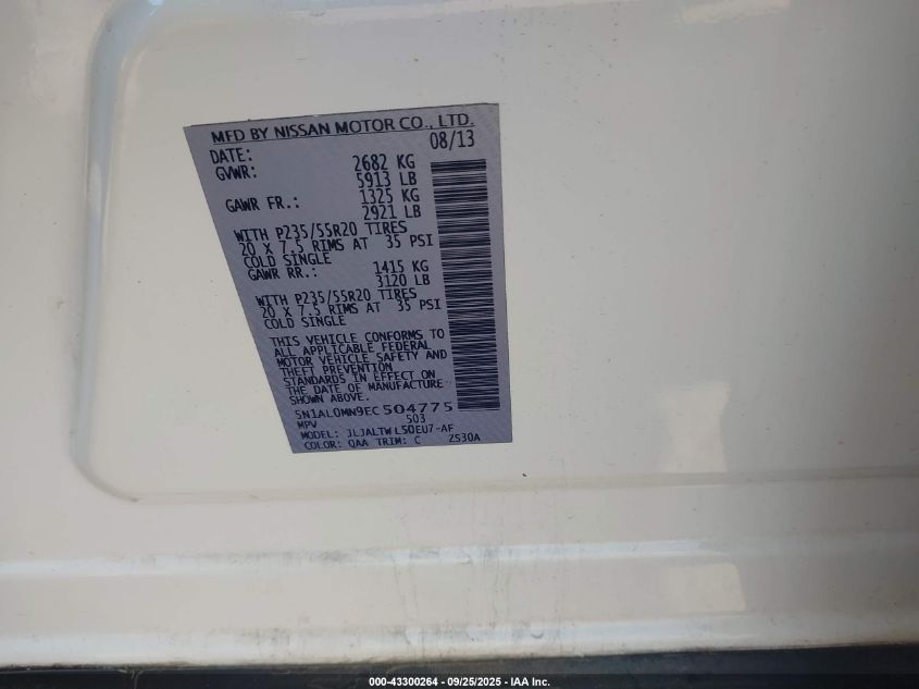 2014 Infiniti Qx60 VIN: 5N1AL0MN9EC504775 Lot: 43300264