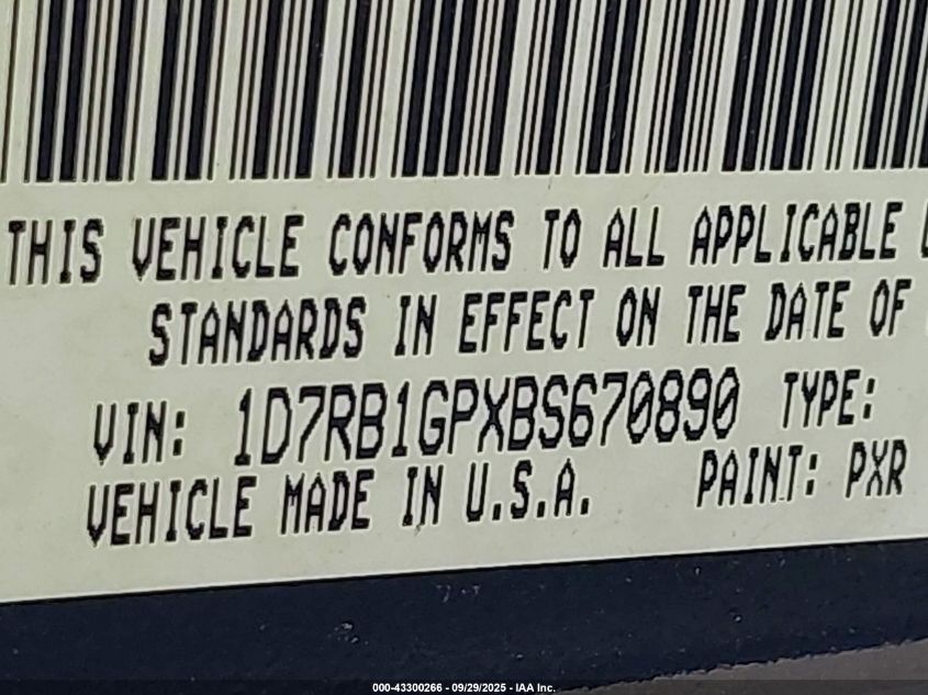 2011 Ram Ram 1500 Slt VIN: 1D7RB1GPXBS670890 Lot: 43300266