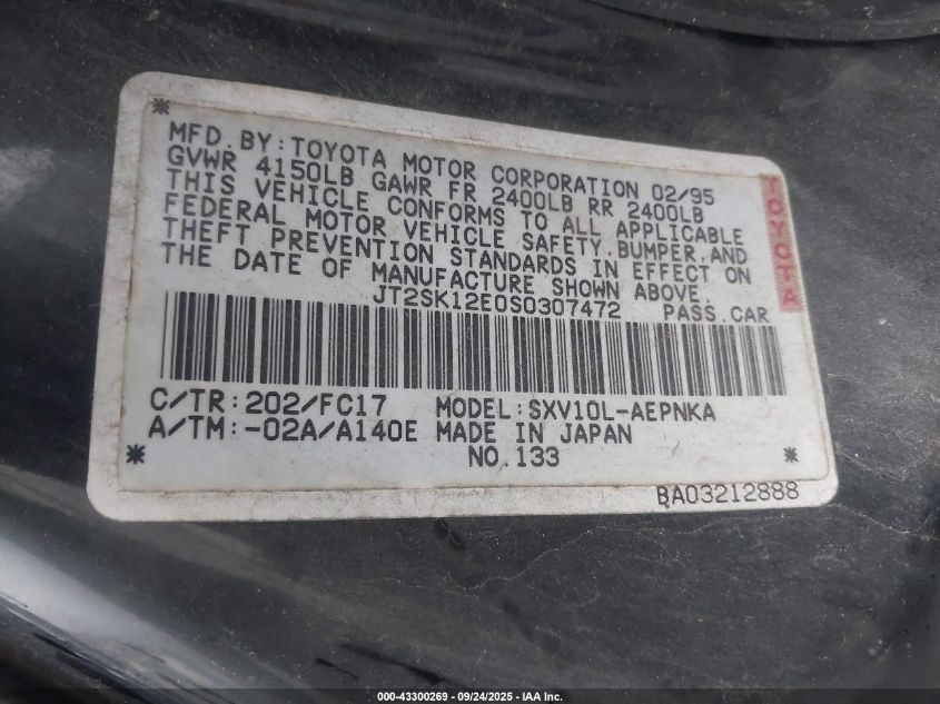 1995 Toyota Camry Le VIN: JT2SK12E0S0307472 Lot: 43300269