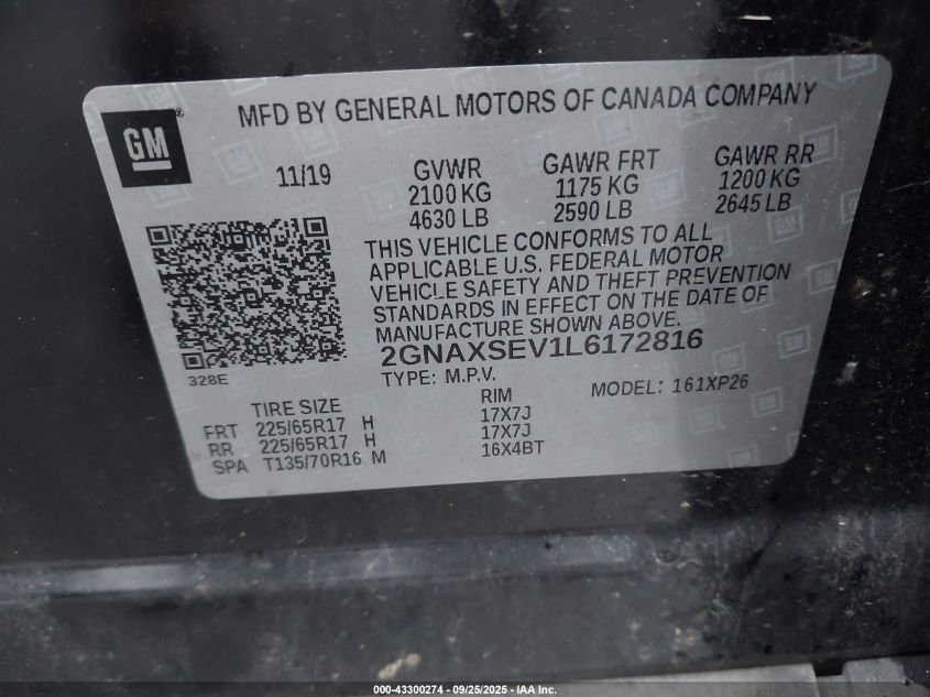 2020 Chevrolet Equinox Awd Ls VIN: 2GNAXSEV1L6172816 Lot: 43300274