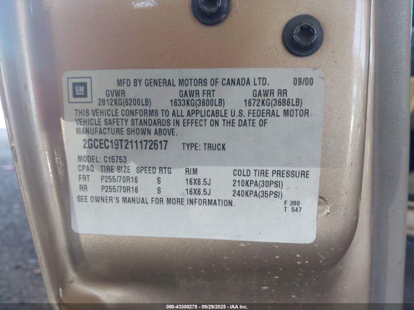 2001 Chevrolet Silverado 1500 Ls VIN: 2GCEC19T211172617 Lot: 43300278