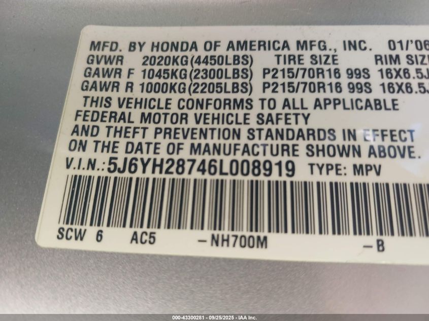 2006 Honda Element Ex-P VIN: 5J6YH28746L008919 Lot: 43300281