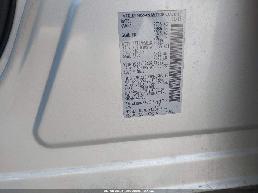 2015 Infiniti Qx60 VIN: 5N1AL0MN7FC555497 Lot: 43300282