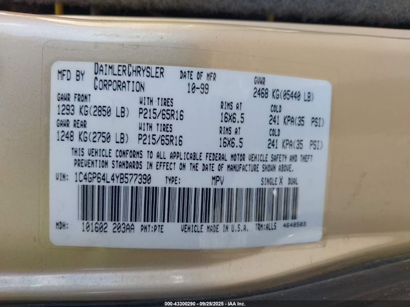 2000 Chrysler Town & Country Limited VIN: 1C4GP64L4YB577390 Lot: 43300290