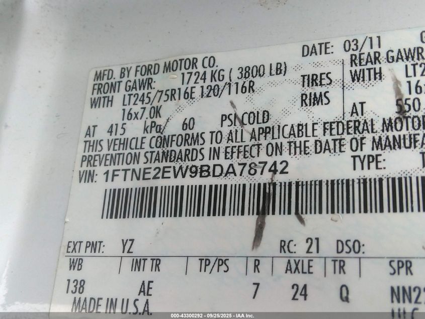 2011 Ford E-250 Commercial VIN: 1FTNE2EW9BDA78742 Lot: 43300292