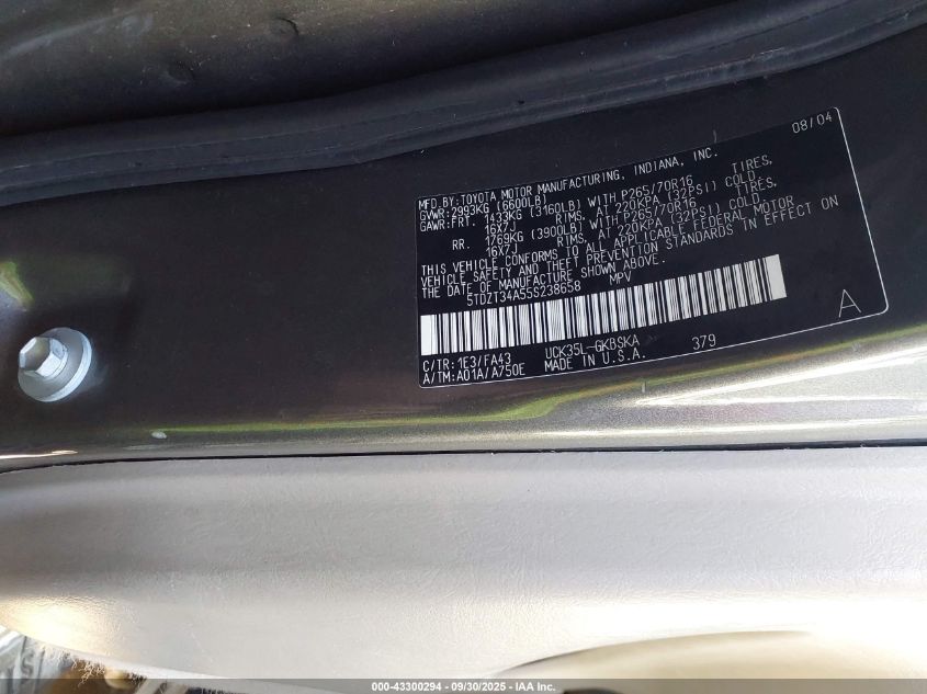 2005 Toyota Sequoia Sr5 V8 VIN: 5TDZT34A55S238658 Lot: 43300294