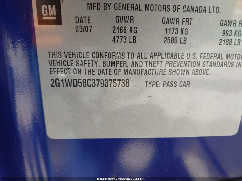 2007 Chevrolet Impala Ss VIN: 2G1WD58C379375738 Lot: 43300323