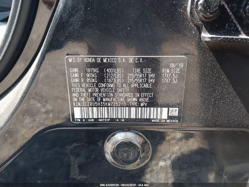 2019 Honda Hr-V Lx VIN: 3CZRU5H35KM725210 Lot: 43300329