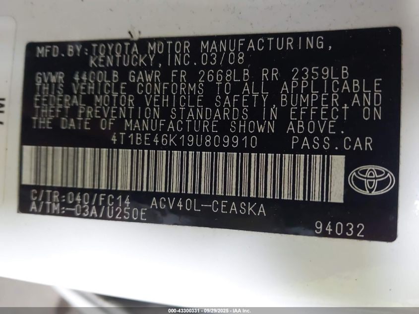 2009 Toyota Camry Se VIN: 4T1BE46K19U809910 Lot: 43300331