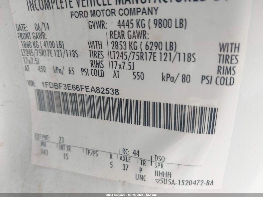 2015 Ford F-350 Chassis Xl VIN: 1FDBF3E66FEA82538 Lot: 43300328