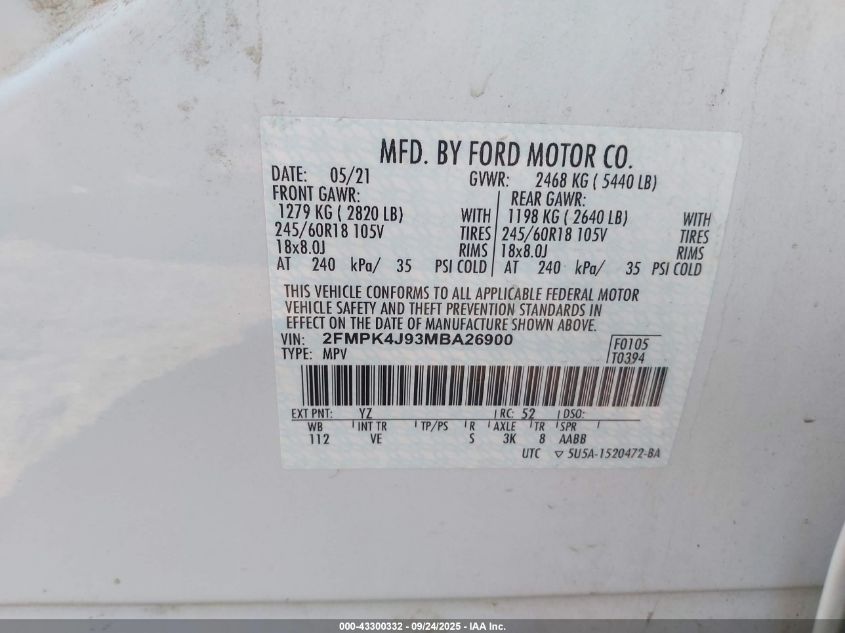 2021 Ford Edge Sel VIN: 2FMPK4J93MBA26900 Lot: 43300332