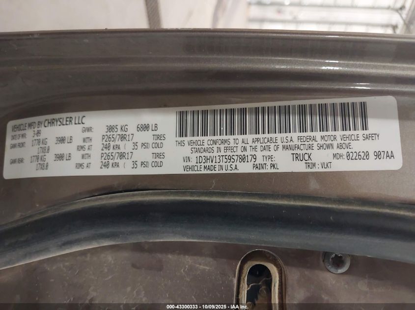 2009 Dodge Ram 1500 Laramie VIN: 1D3HV13T59S780179 Lot: 43300333