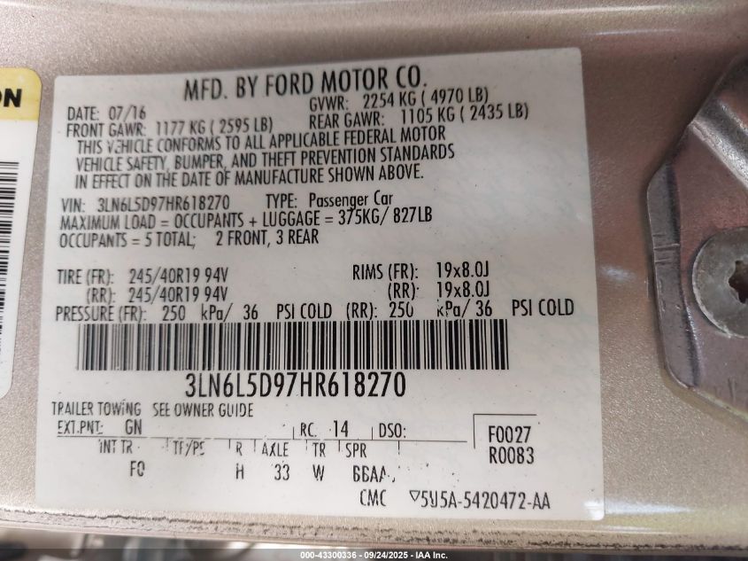 2017 Lincoln Mkz Select VIN: 3LN6L5D97HR618270 Lot: 43300336