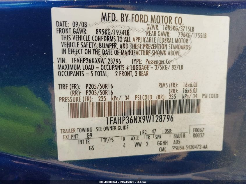 2009 Ford Focus Ses VIN: 1FAHP36NX9W128796 Lot: 43300344