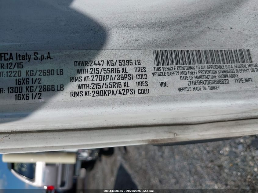 2016 Ram Promaster City Tradesman VIN: ZFBERFAT0G6B86823 Lot: 43300355