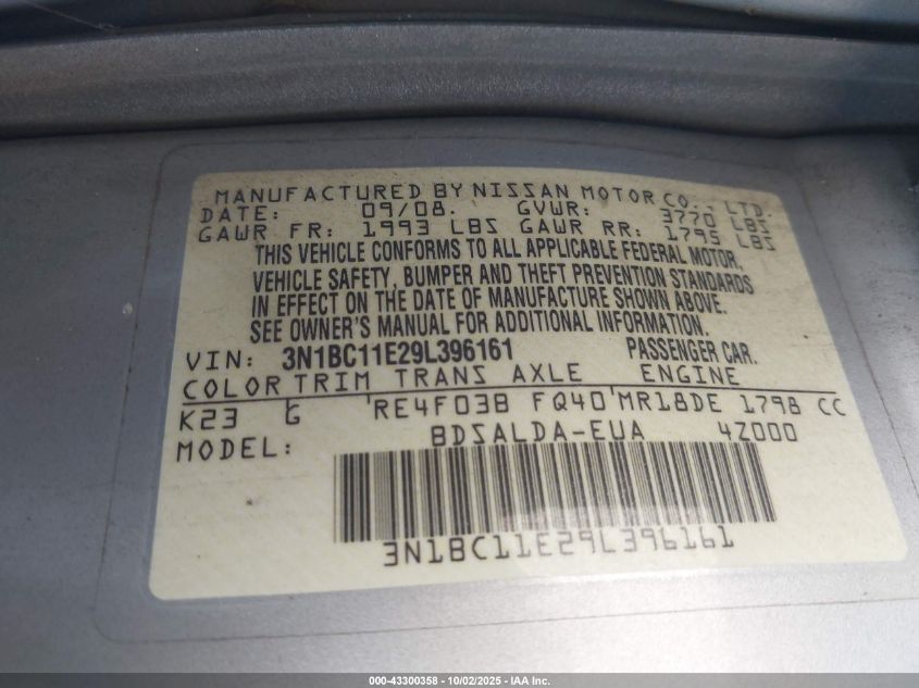 2009 Nissan Versa 1.8S VIN: 3N1BC11E29L396161 Lot: 43300358