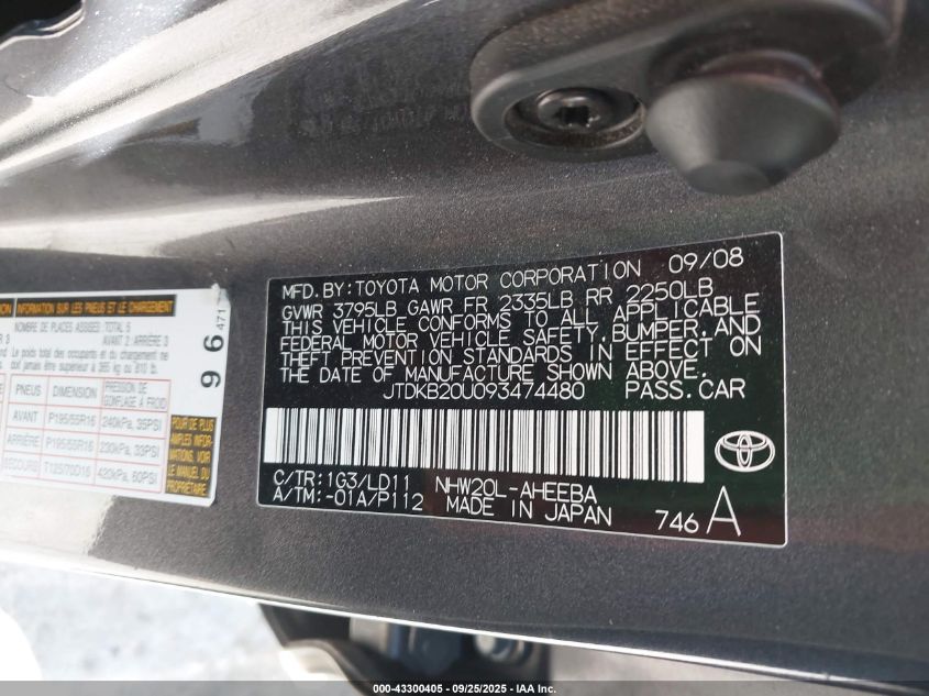 2009 Toyota Prius Touring VIN: JTDKB20U093474480 Lot: 43300405