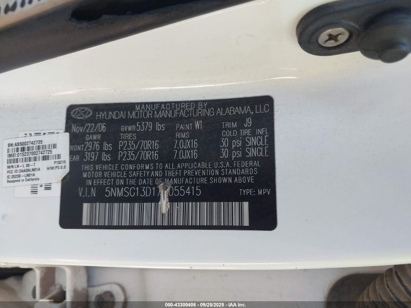 2007 Hyundai Santa Fe Gls VIN: 5NMSG13D17H055415 Lot: 43300406