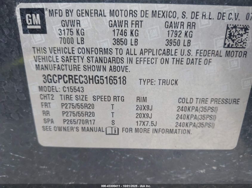 2017 Chevrolet Silverado 1500 1Lt VIN: 3GCPCREC3HG516518 Lot: 43300411