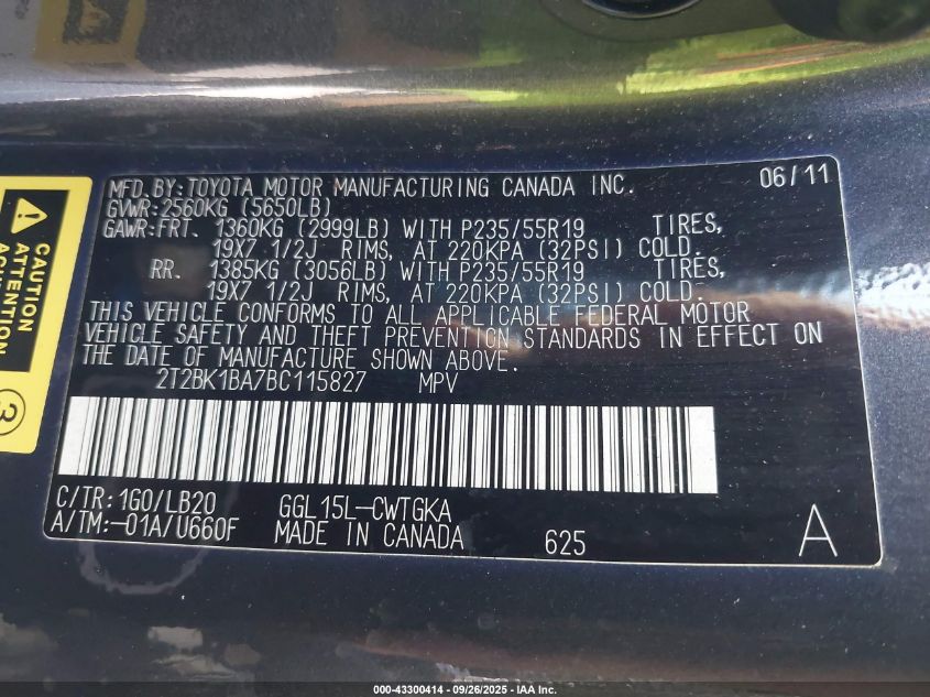 2011 Lexus Rx 350 VIN: 2T2BK1BA7BC115827 Lot: 43300414