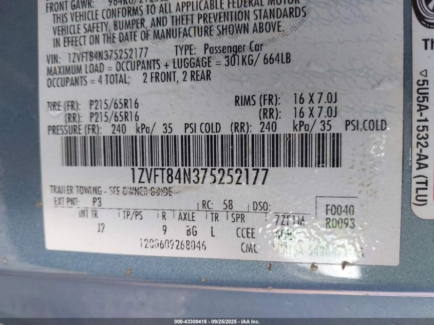 2007 Ford Mustang V6 Deluxe/V6 Premium VIN: 1ZVFT84N375252177 Lot: 43300416