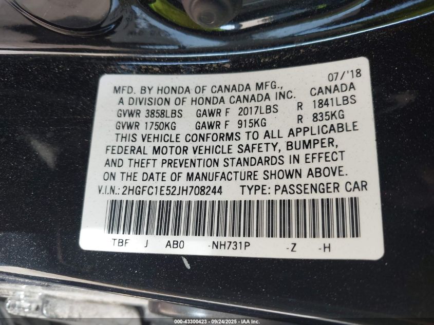 2018 Honda Civic Si VIN: 2HGFC1E52JH708244 Lot: 43300423