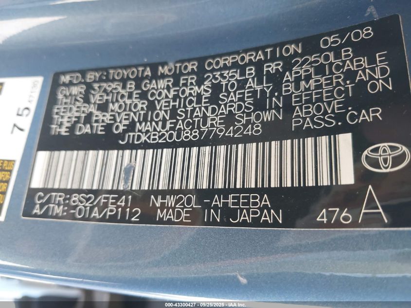 2008 Toyota Prius VIN: JTDKB20U887794248 Lot: 43300427