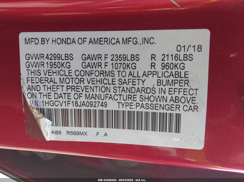 2018 Honda Accord Lx VIN: 1HGCV1F18JA092749 Lot: 43300430