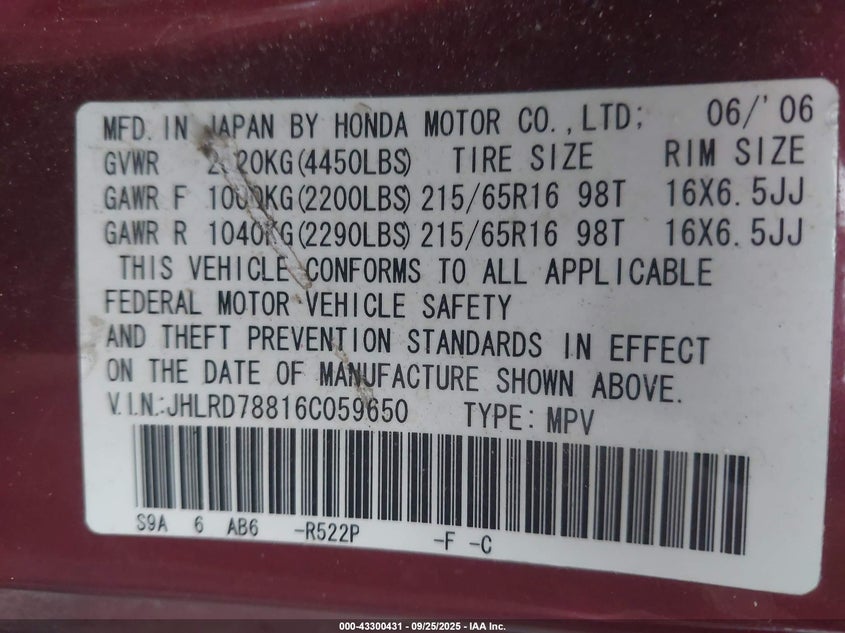 2006 Honda Cr-V Ex VIN: JHLRD78816C059650 Lot: 43300431