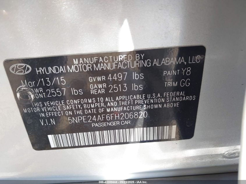 2015 Hyundai Sonata Se VIN: 5NPE24AF6FH206820 Lot: 43300444