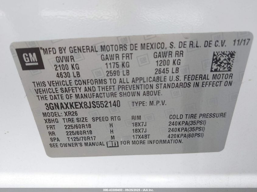 2018 Chevrolet Equinox Lt VIN: 3GNAXKEX8JS552140 Lot: 43300450